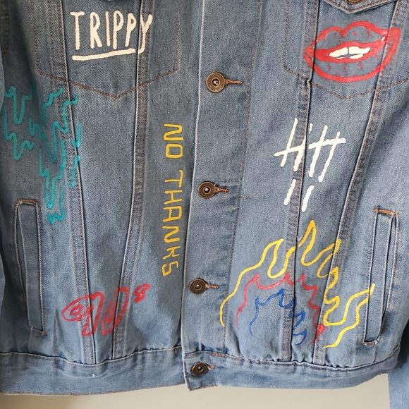Brooklyn Clothing M Indie Sleeze 90s Grunge Flames Rainbow Unisex Jean Jacket - Picture 6 of 11